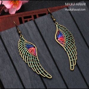 Angel Bird Wing Dangle Earrings Copper Bronze Exterior Colorful Macrame Thread